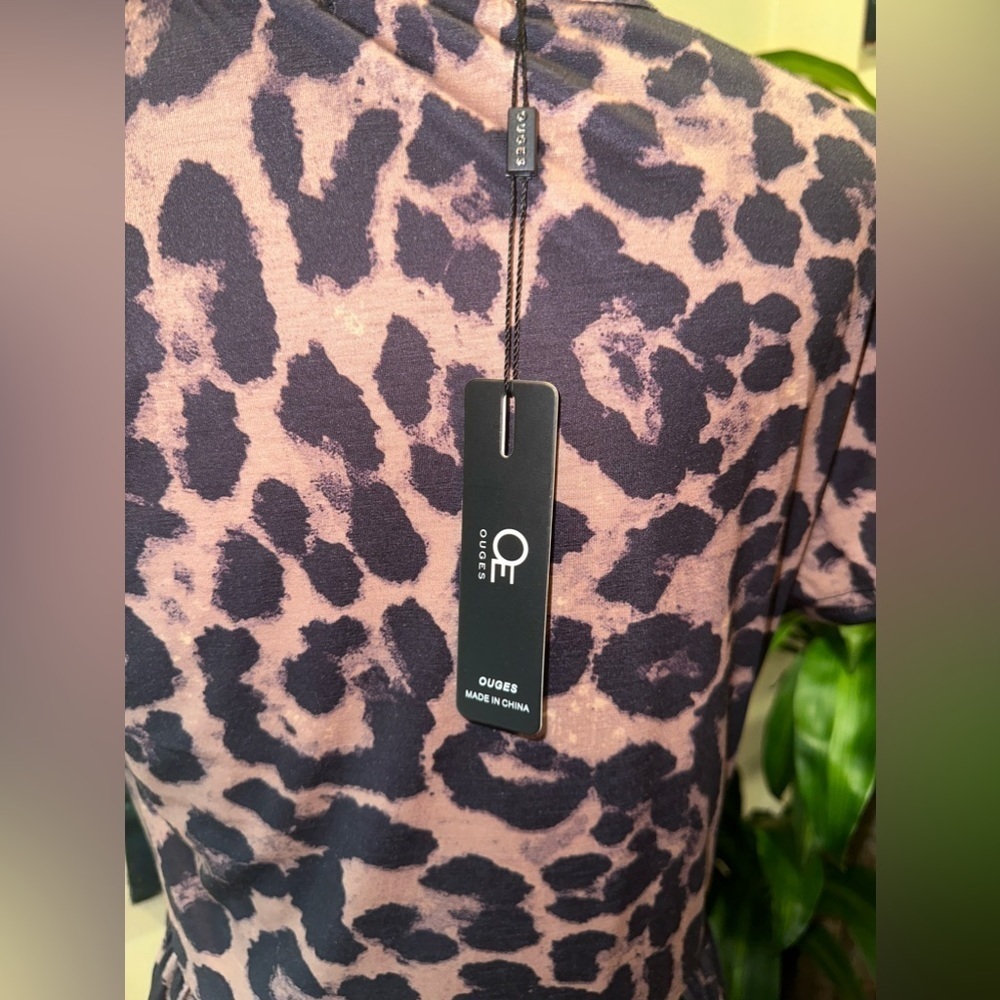 NWT Ouges Women's Animal Print Faux Wrap Band Waist Brown Cocktail Dress Sz L - Picture 5 of 10